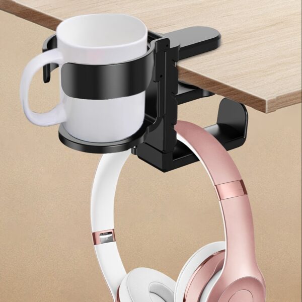 2-in-1 Desk Cup & Headphone Holder - Gaming Headset Mount with Drink Rack for Computer Desks - Imagen 2