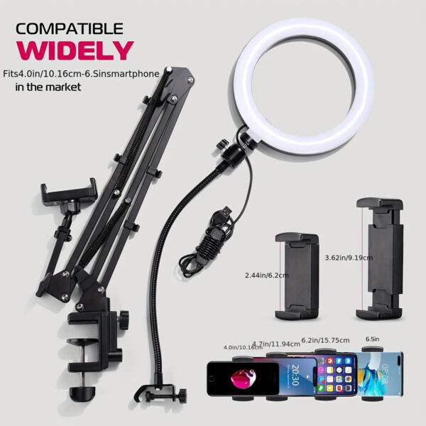 Phone Stand for Recording, Overhead Phone Mount with Ring Light, Adjustable Desk Arm Stand for iPhone, Desktop Stand for YouTube Starter Live Stream Cooking Painting Nail - Imagen 3